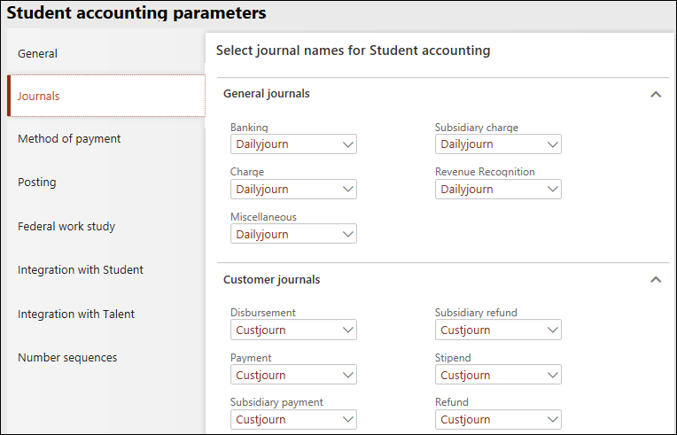 Journals tab of the Student accounting parameters page